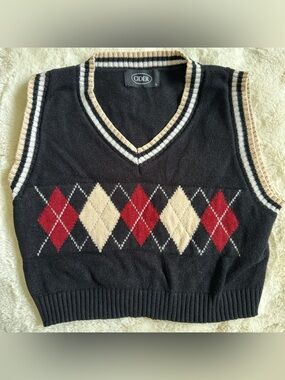 Cider Black V-Neck Argyle Sweater Vest with Red and Cream Diamonds